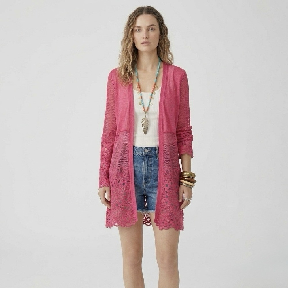 Forgotten Grace‎ Crochet Hot Pink Open Cardigan M Sheer Knit Boho Beach Vacation